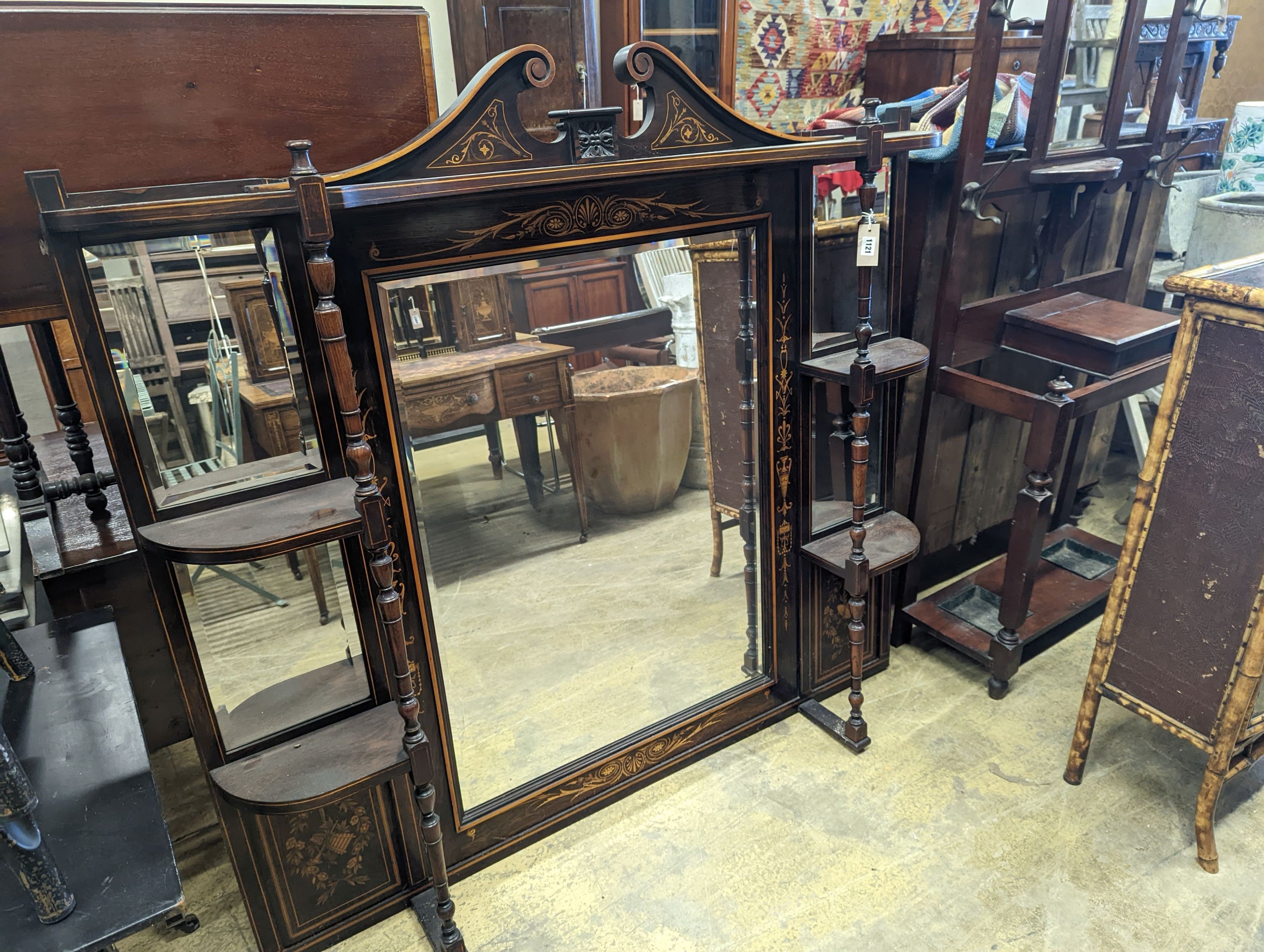 A late Victorian marquetry inlaid rosewood overmantel mirror, width 150cm, height 140cm